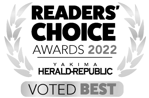 A logo for the 2022 Yakima Herald-Republic Readers' Choice Awards, featuring laurel wreaths and the text "Voted Best.