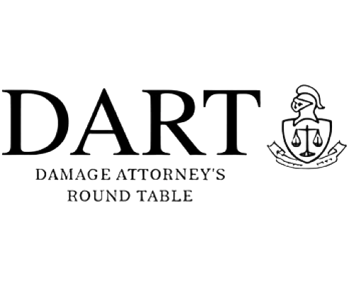 Logo for DART: Damage Attorney's Round Table, featuring text and an emblem with a figure holding scales of justice.