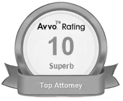 A silver badge displaying "Avvo Rating 10 Superb" with a ribbon below that reads "Top Attorney.