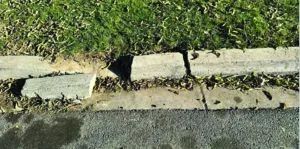 Bordillo roto en varios trozos, lo que provocó el tropiezo y la caída de un cliente