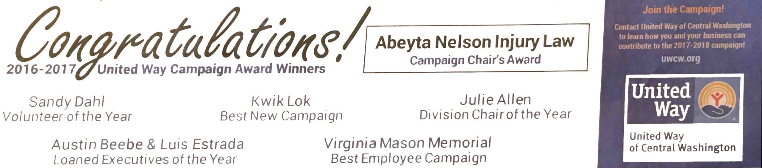Abeyta Nelson Injury Law Honored by United Way of Central Washington